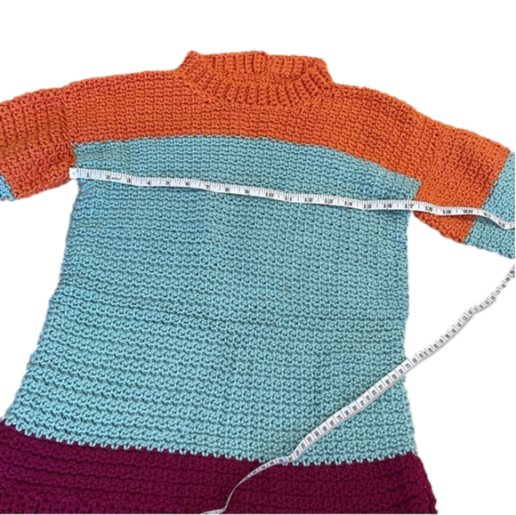 VINTAGE Handmade Orange Teal and Maroon Loose Knit Crochet Pullover Sweater - Picture 8 of 10